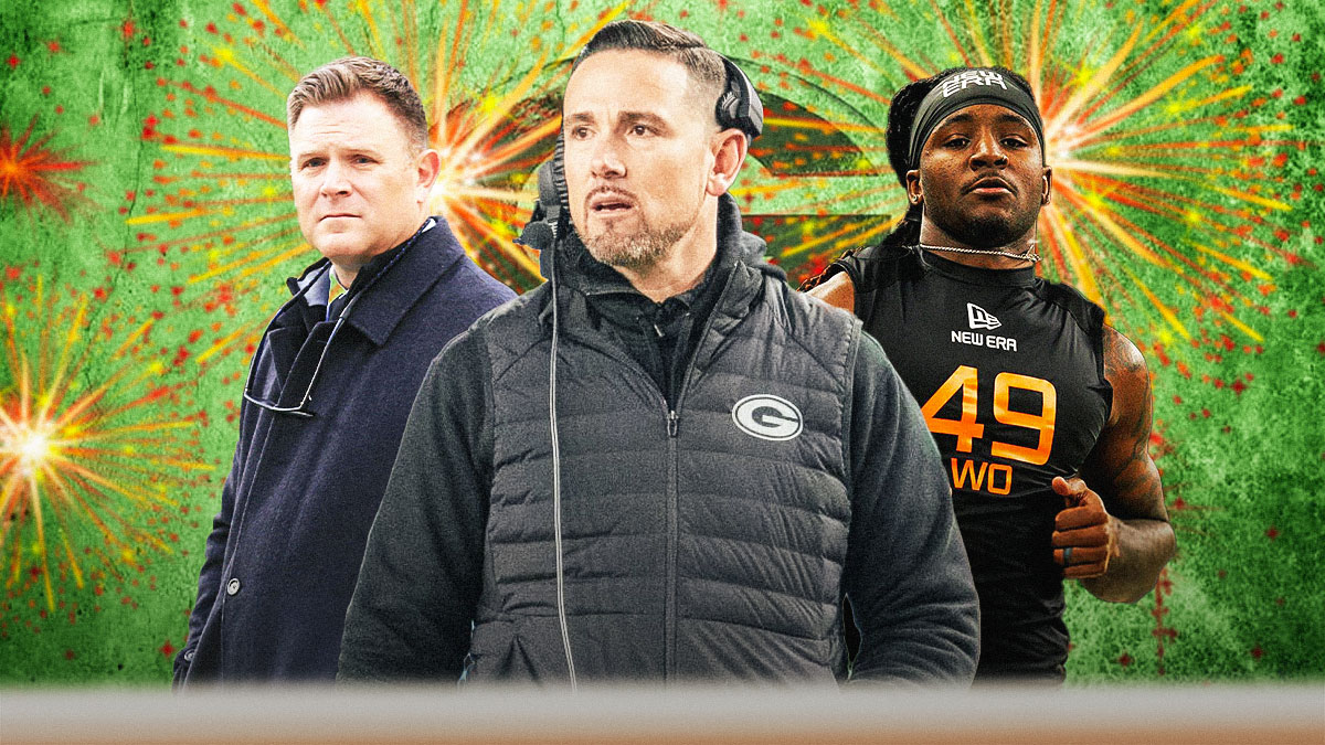Coach Matt LaFleur, GM Brian Gutekunst, Savion Williams beside each other, Green Bay Packers wallpaper and fireworks in the background