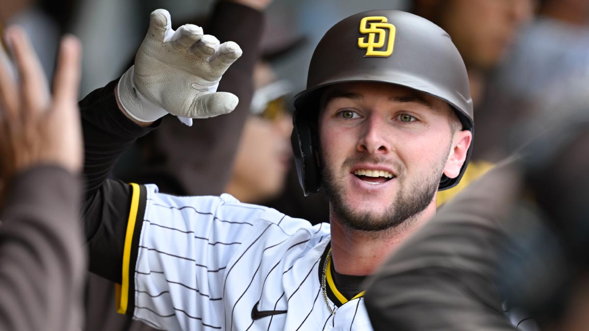 San Diego Padres center fielder Jackson Merrill (3) celebrates after hitting a two-run home run during the fourth inning the Cleveland Guardians at Petco Park.