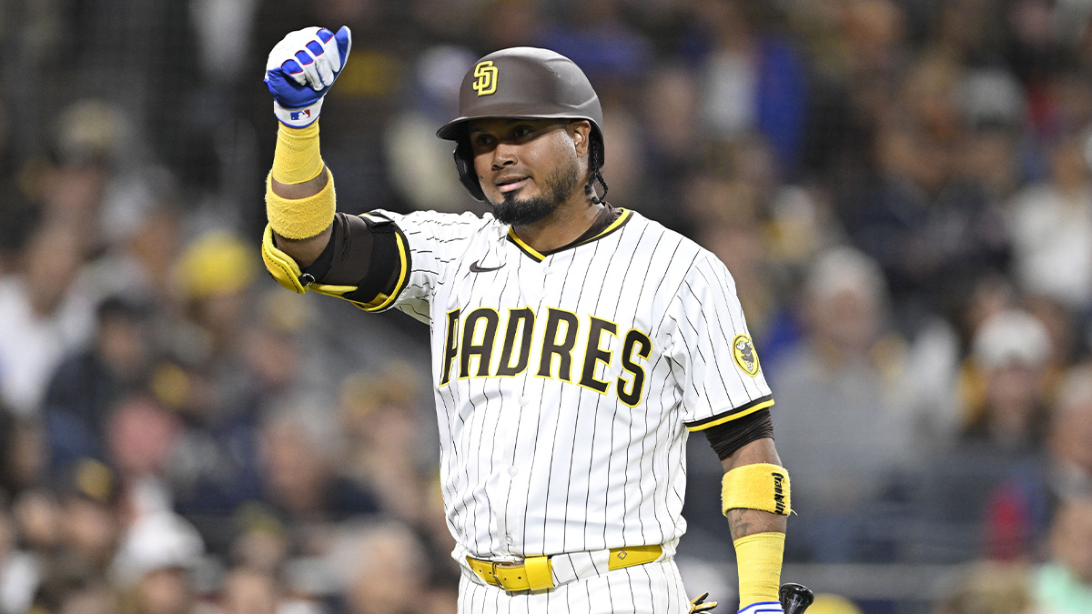San Diego Padres first baseman Luis Arraez (4) reacts after striking out during the fifth inning against the Chicago Cubs at Petco Park.