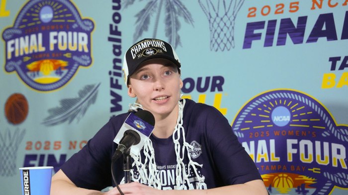 Connecticut Huskies guard Paige Bueckers (5) speaks to the media after the national championship of the women's 2025 NCAA tournament against the South Carolina Gamecocks at Amalie Arena.