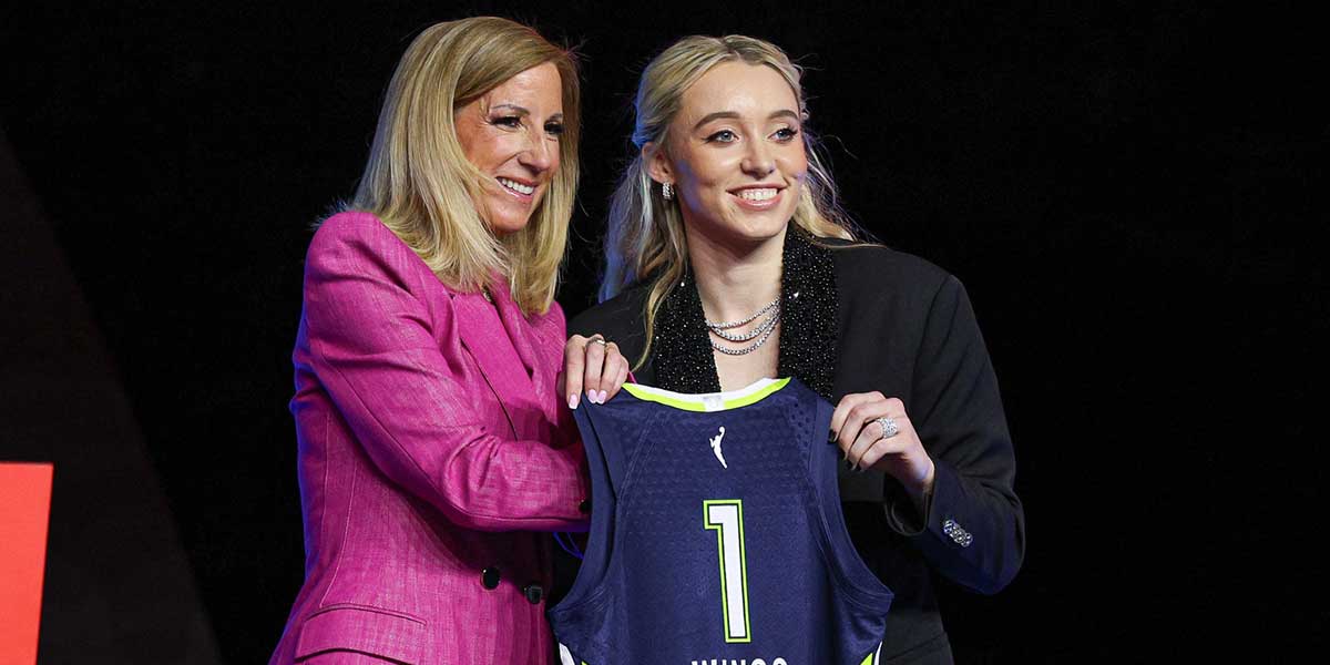 Paige Bueckers poses with WNBA commissioner Cathy Engelbert after being selected with the number one overall pick to the Dallas Wings in the 2025 WNBA Draft at The Shed at Hudson Yards.