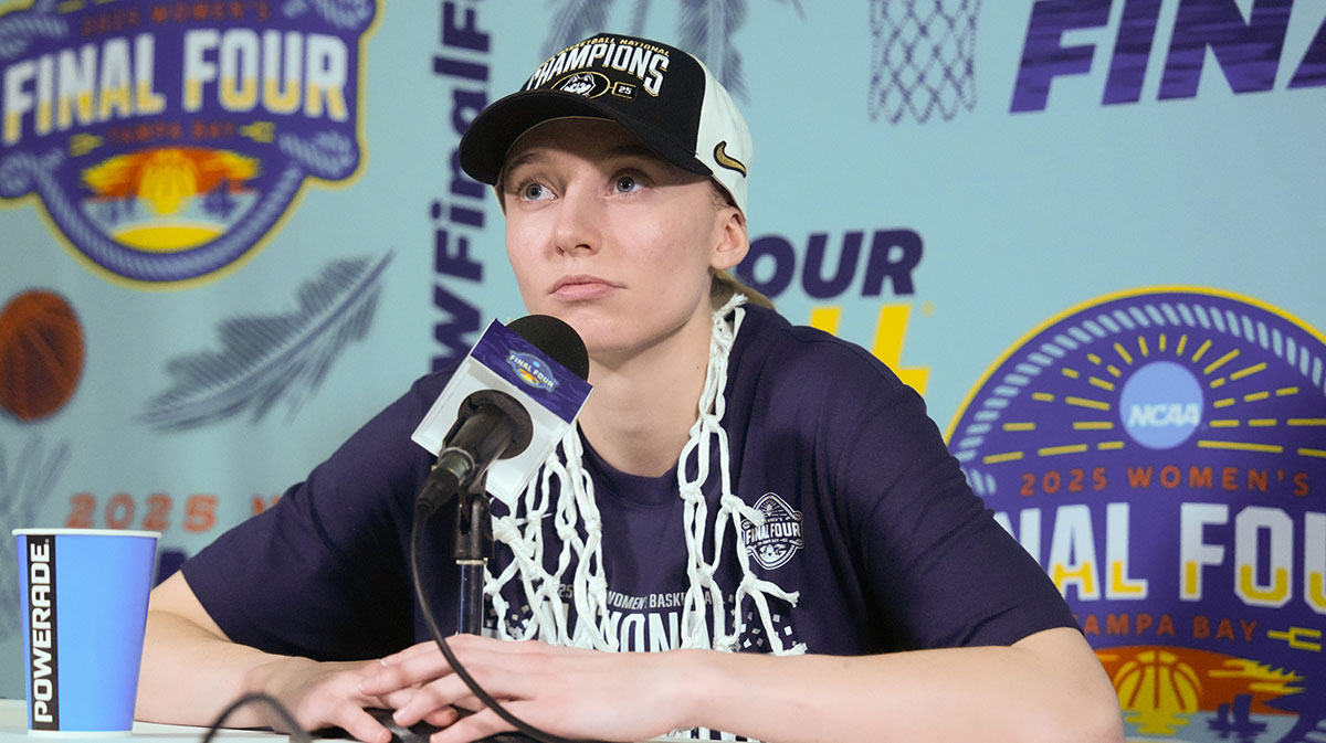 Connecticut Huskies guard Paige Bueckers (5) speaks to the media after the national championship of the women's 2025 NCAA tournament against the South Carolina Gamecocks at Amalie Arena.