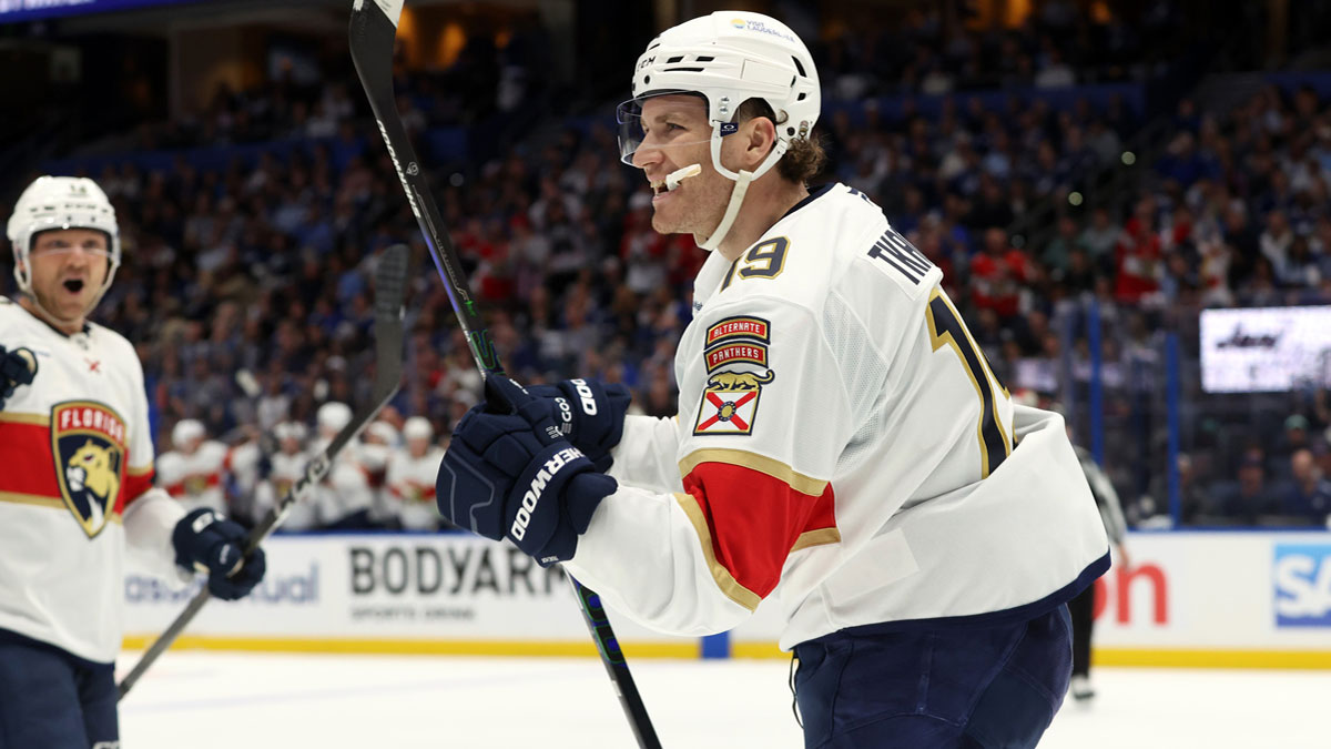 Florida Panthers left wing Matthew Tkachuk (19) celebrates after he scored a goal against the Tampa Bay Lightning during the second period in game one of the first round of the 2025 Stanley Cup Playoffs at Amalie Arena.