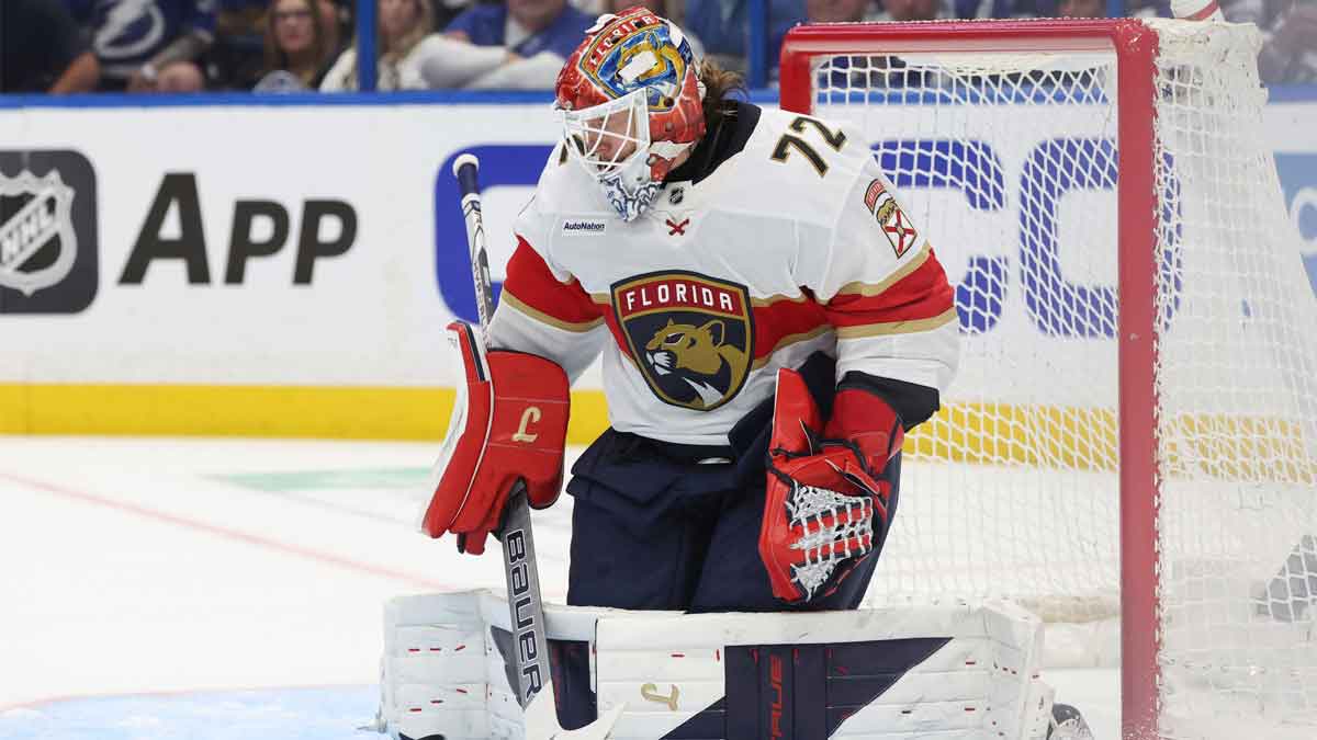Florida Panthers goaltender Sergei Bobrovsky (72) makes a save against the Tampa Bay Lightning during the first period of game five of the first round of the 2025 Stanley Cup Playoffs at Amalie Arena.
