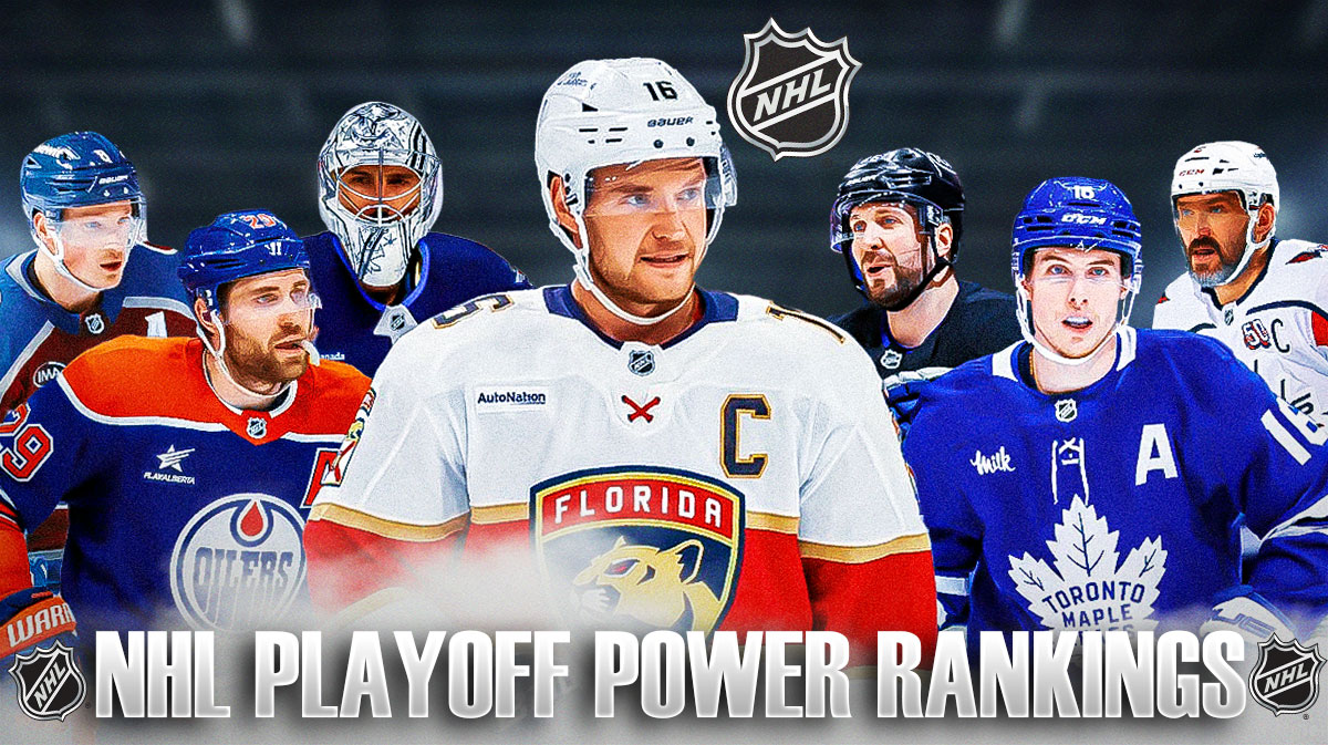 Aleksander Barkov in middle and three players on each side: Leon Draisaitl, Cale Makar and Connor Hellebuyck on left, Mitch Marner, Nikita Kucherov and Alex Ovechkin on right, NHL logo in background, Text: NHL Playoff Power Rankings