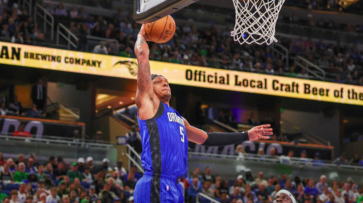 Orlando Magic forward Paolo Banchero (5) goes to the basket during the second half against the Boston Celtics at Kia Center.