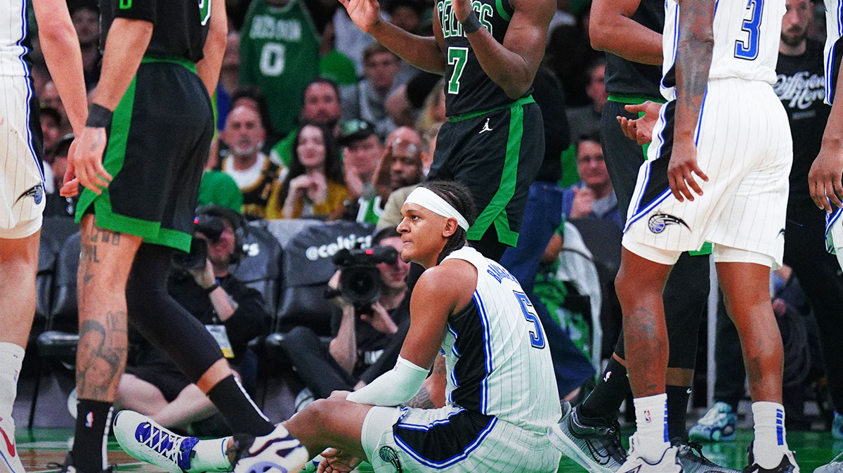 Orlando Magic forward Paolo Banchero (5) on the court after a play against the Boston Celtics in the third quarter during game five of first round for the 2025 NBA Playoffs at TD Garden.