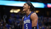 Orlando Magic forward Paolo Banchero (5) reacts after a play against the Atlanta Hawks in the fourth quarter at Kia Center.