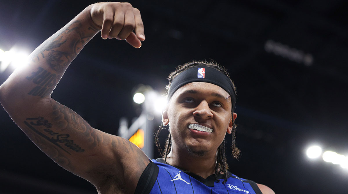 Orlando Magic forward Paolo Banchero (5) reacts after basket against the Atlanta Hawks in the fourth quarter at Kia Center.