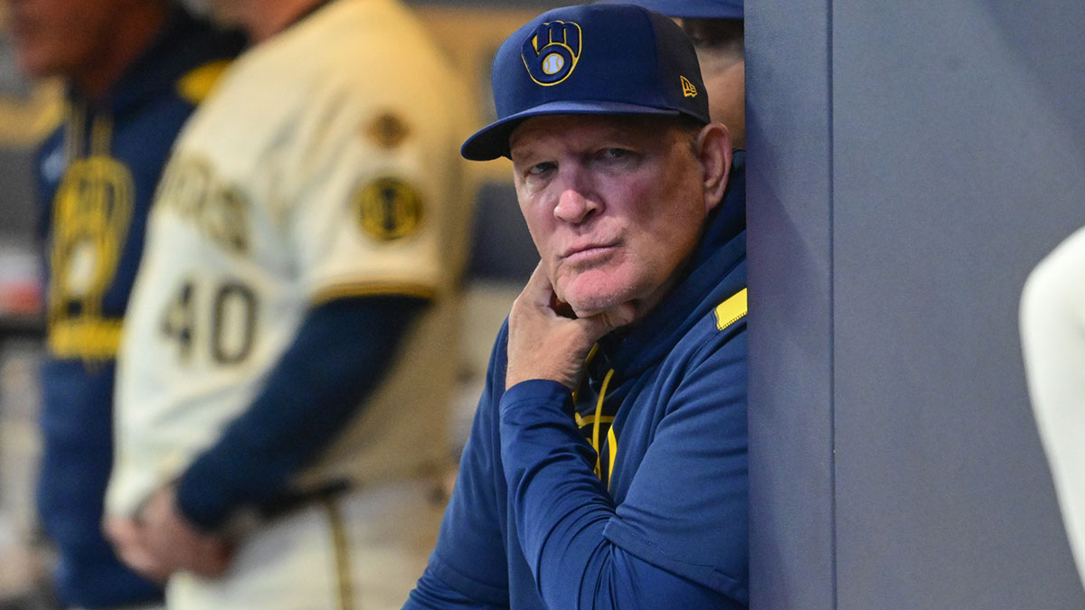 Mar 31, 2025; Milwaukee, Wisconsin, USA; Milwaukee Brewers manager Pat Murphy looks on against the Kansas City Royals in the first inning at American Family Field. Mandatory Credit: Benny Sieu-Imagn Images