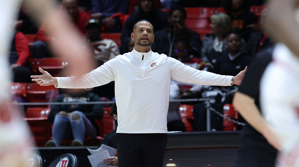 Florida A&M Rattlers head coach Patrick Crarey II reacts to a play against the Utah Utes