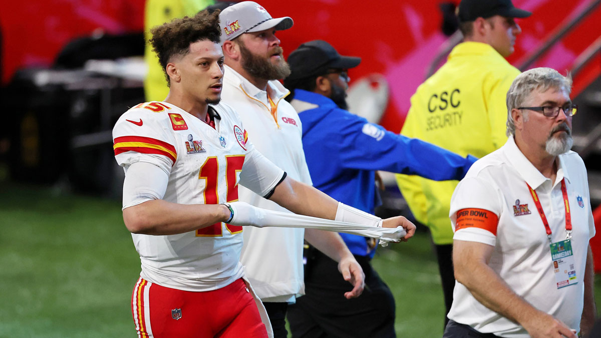 Kansas City Chiefs quarterback Patrick Mahomes (15) walks off the field after losing against the Philadelphia Eagles in Super Bowl LIX at Caesars Superdome. Mandatory Credit: Bill Streicher-Imagn Images