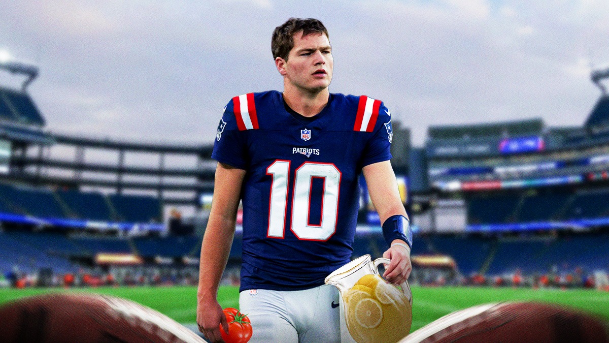 Drake Maye with a Tomato in one hand and a pitcher of Lemonade in the other in front of the Patriots stadium.