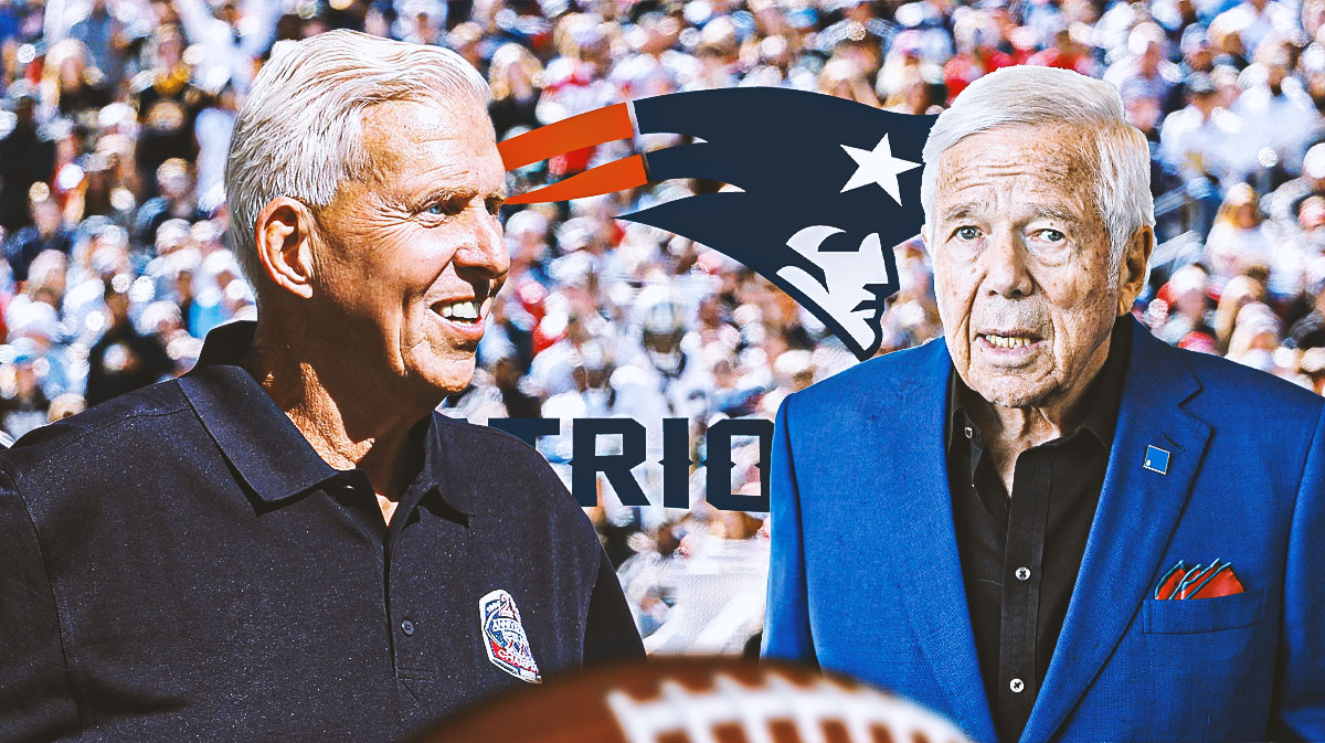 Patriots coach Bill Parcells and Patriots owner Robert Kraft. New England Patriots logo in background
