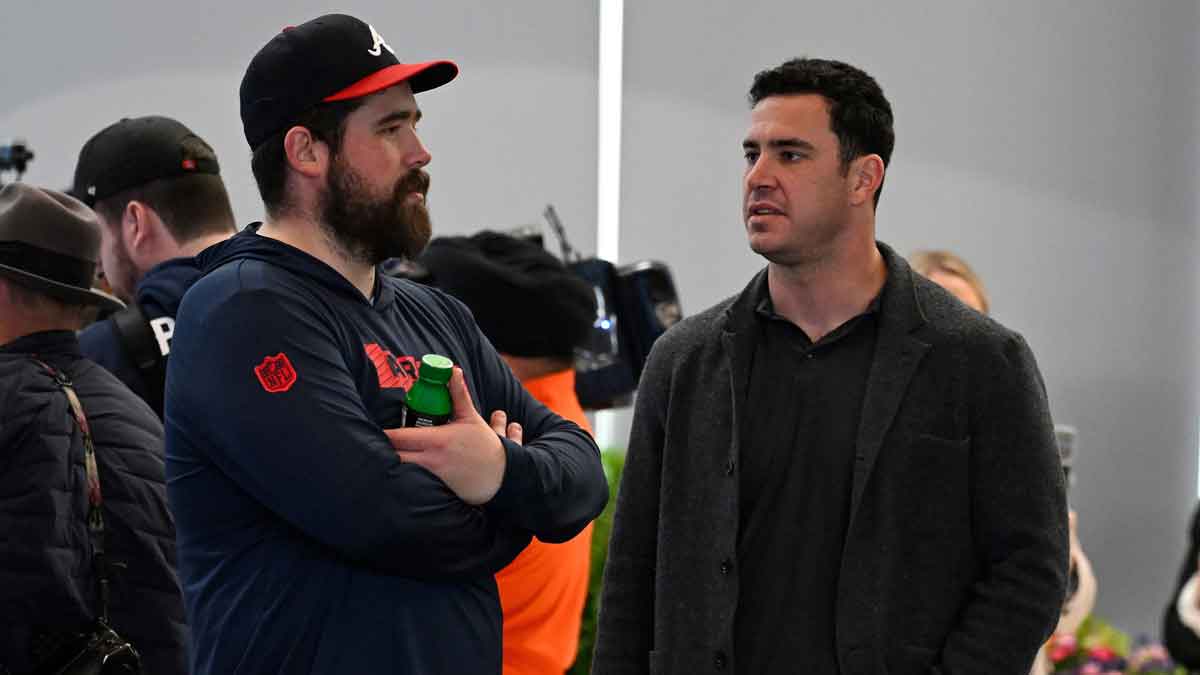 MA, USA; New England Patriots center David Andrews (left) and long snapper Joe Cardona (right) attend a press conference at Gillette Stadium to introduce Mike Vrabel (not pictured) as the New England Patriots head coach.