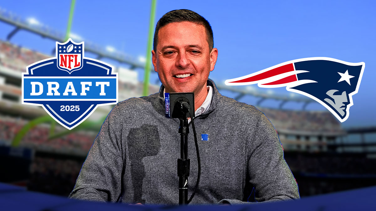 Eliot Wolf with Patriots logo and 2025 NFL Draft logo front and center.