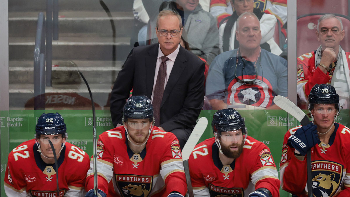 Florida Panthers head coach Paul Maurice watches from the bench against the Detroit Red Wings during the second period at Amerant Bank Arena.