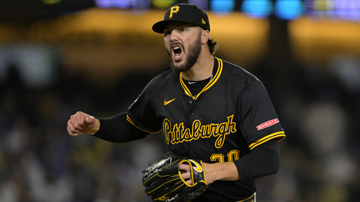 Pittsburgh Pirates starting pitcher Paul Skenes (30) reacts after striking out Los Angeles Dodgers second baseman Tommy Edman (25) to end the sixth inning at Dodger Stadium.