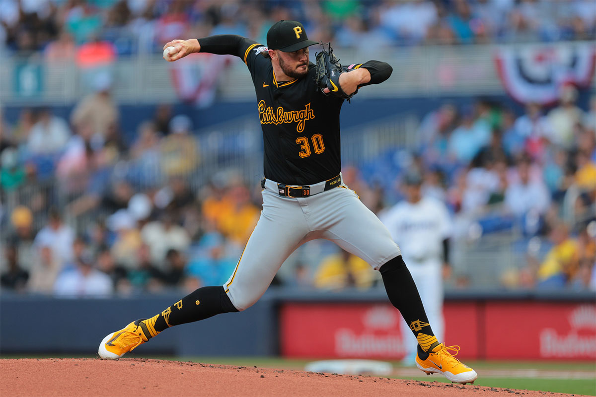 Pittsburgh Pirates starting pitcher Paul Skenes (30) delivers a pitch against the Miami Marlins during the first inning at loanDepot Park