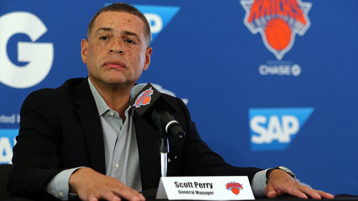 New York Knicks general manager Scott Perry speaks to the media on media day at MSG Training Center.