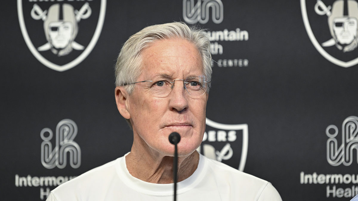Las Vegas Raiders head coach Pete Carroll at a news conference introducing Ashton Jeanty as the first round draft pick in the 2025 NFL Draft at Intermountain Health Performance Center.