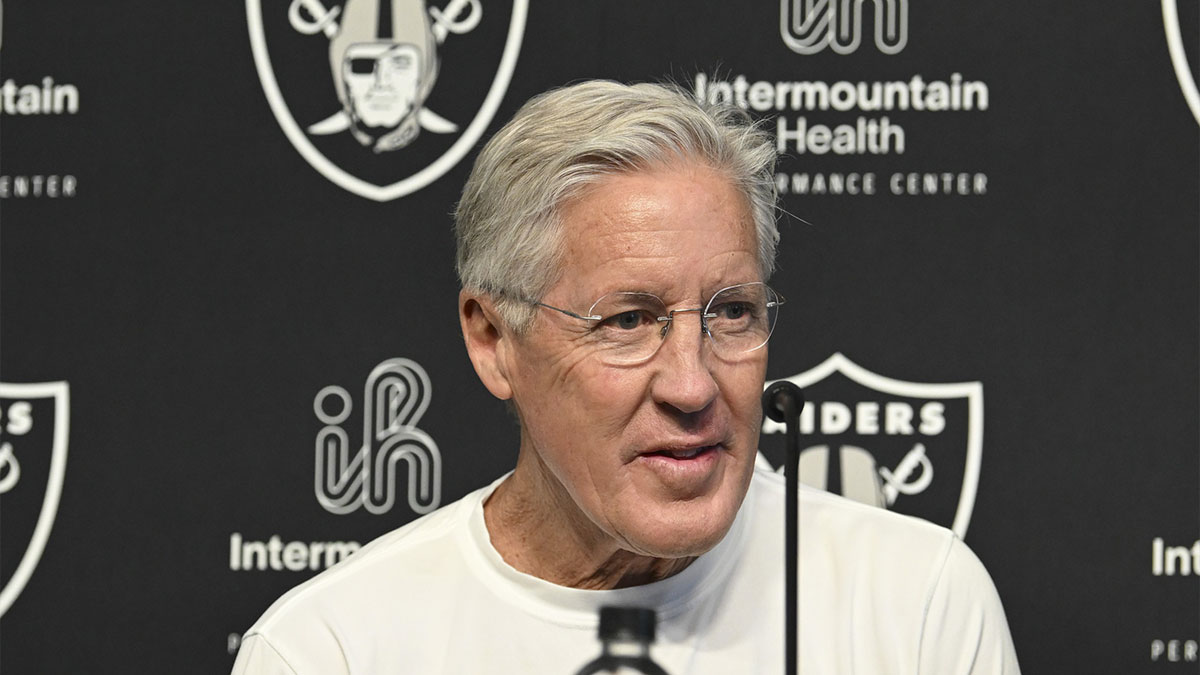 Las Vegas Raiders head coach Pete Carroll at a news conference introducing Ashton Jeanty as the first round draft pick in the 2025 NFL Draft at Intermountain Health Performance Center. Mandatory Credit: Candice Ward-Imagn Images