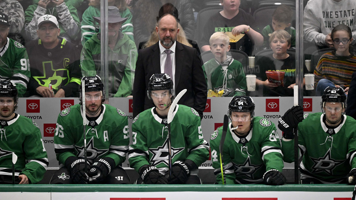 Dallas Stars head coach Pete DeBoer looks on during the first period against the Utah Hockey Club at the American Airlines Center.