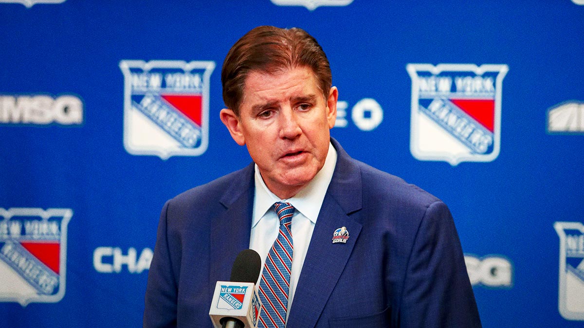 New York Rangers head coach Peter Laviolette speaks with the media after a 5-3 win against the Vancouver Canucks at Madison Square Garden.