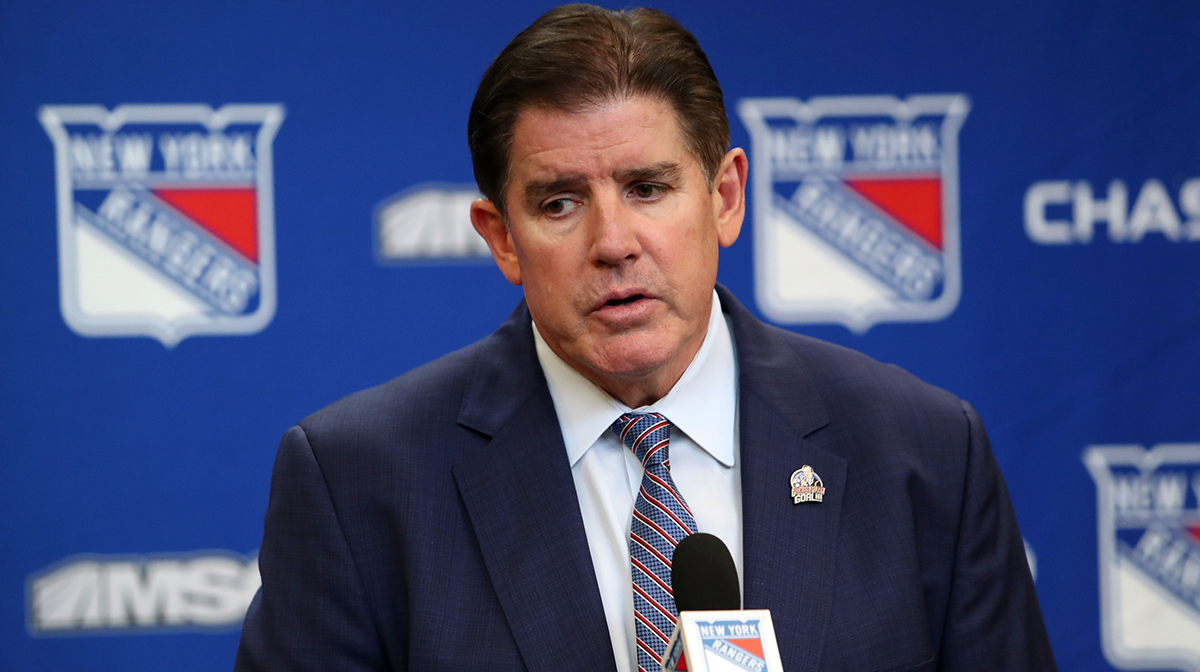 New York Rangers head coach Peter Laviolette speaks with the media after a 5-3 win against the Vancouver Canucks at Madison Square Garden.