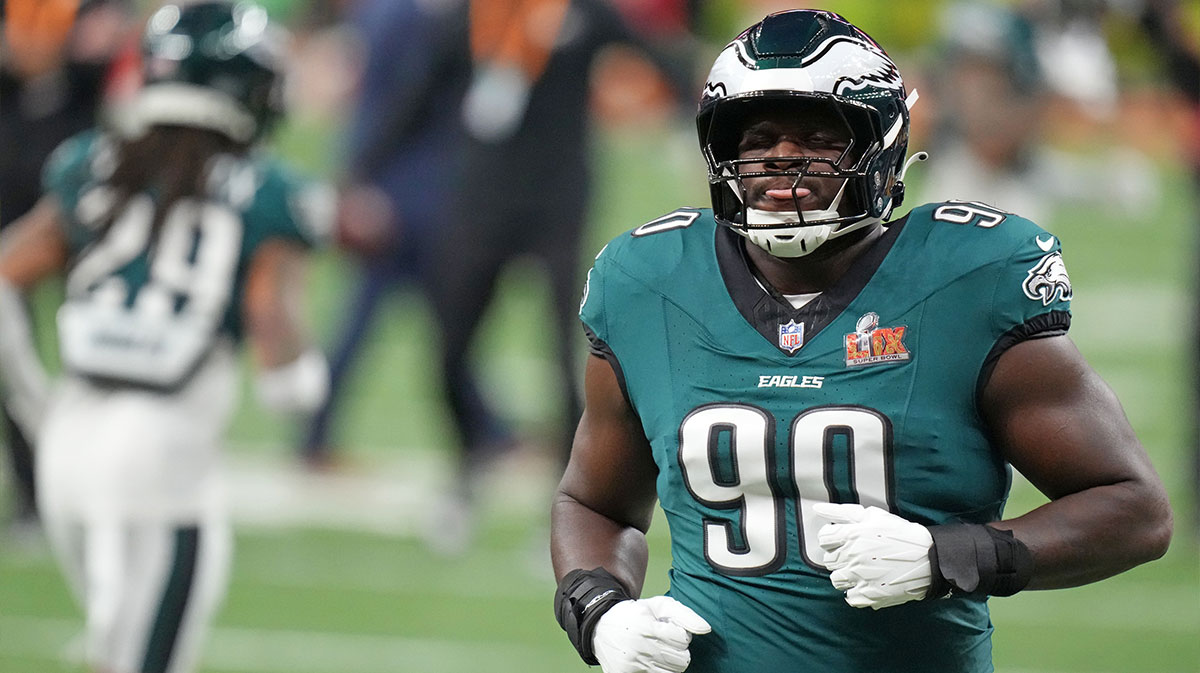 Philadelphia Eagles defensive tackle Jordan Davis (90) practices before Super Bowl LIX against the Kansas City Chiefs at Caesars Superdome.