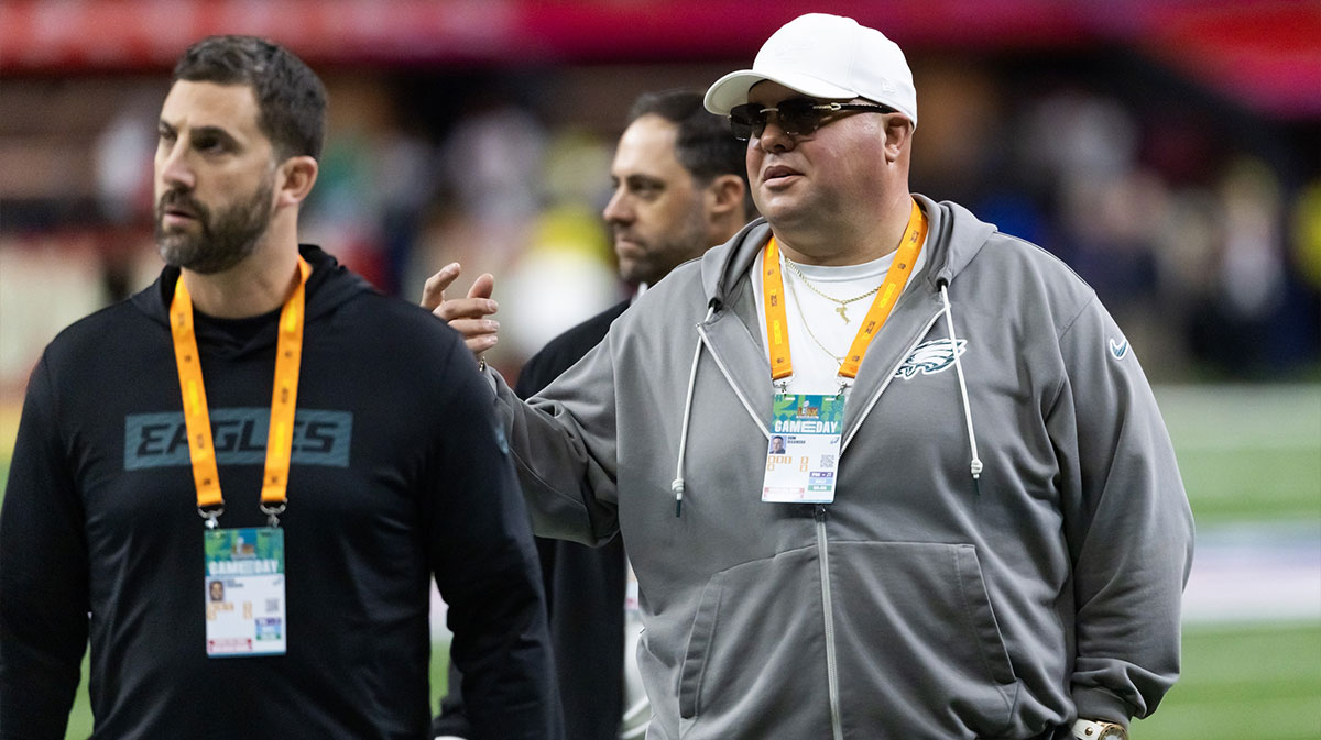 Philadelphia Eagles head coach Nick Sirianni (left) with team security guard Dom DiSandro against the Kansas City Chiefs during Super Bowl LIX