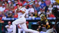 Philadelphia Phillies catcher JT Realmuto (10) hits an RBI double against the Pittsburgh Pirates in the first inning at Citizens Bank Park