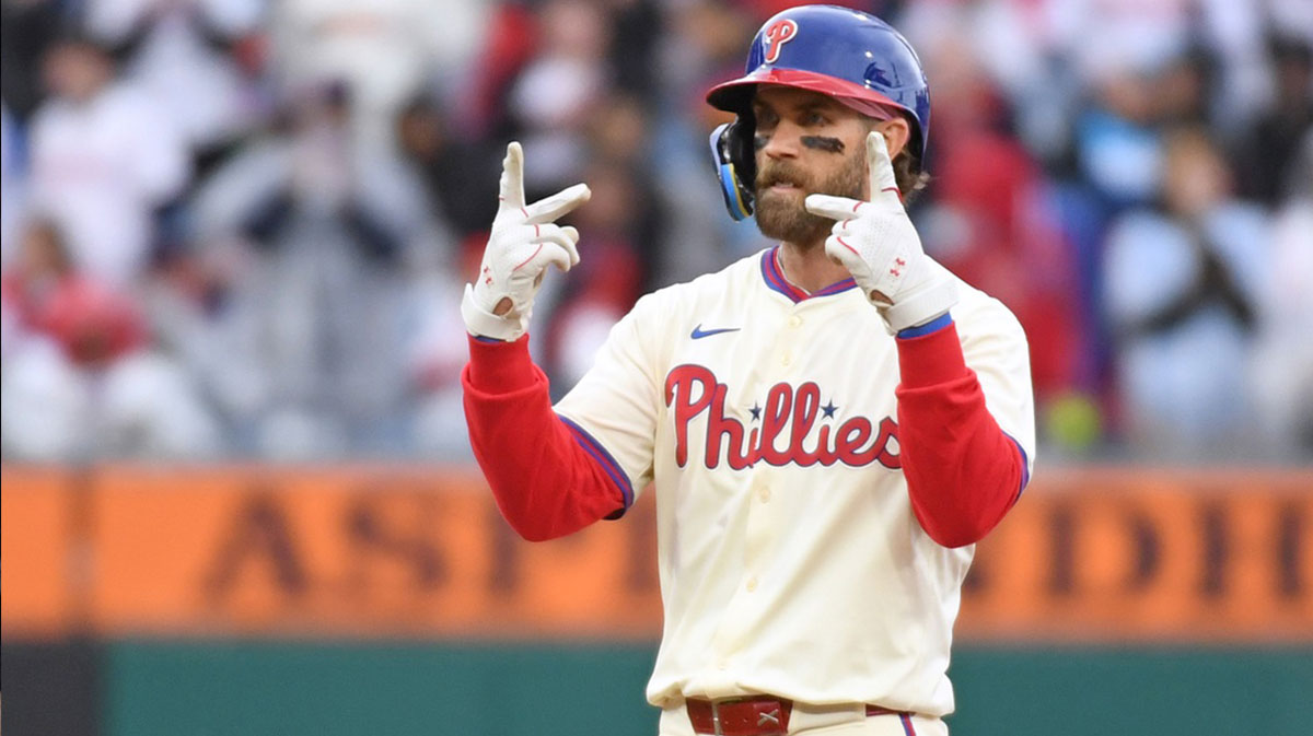 Philadelphia Phillies first base Bryce Harper (3) reacts after hitting a double during the seventh inning against the Los Angeles Dodgers at Citizens Bank Park.