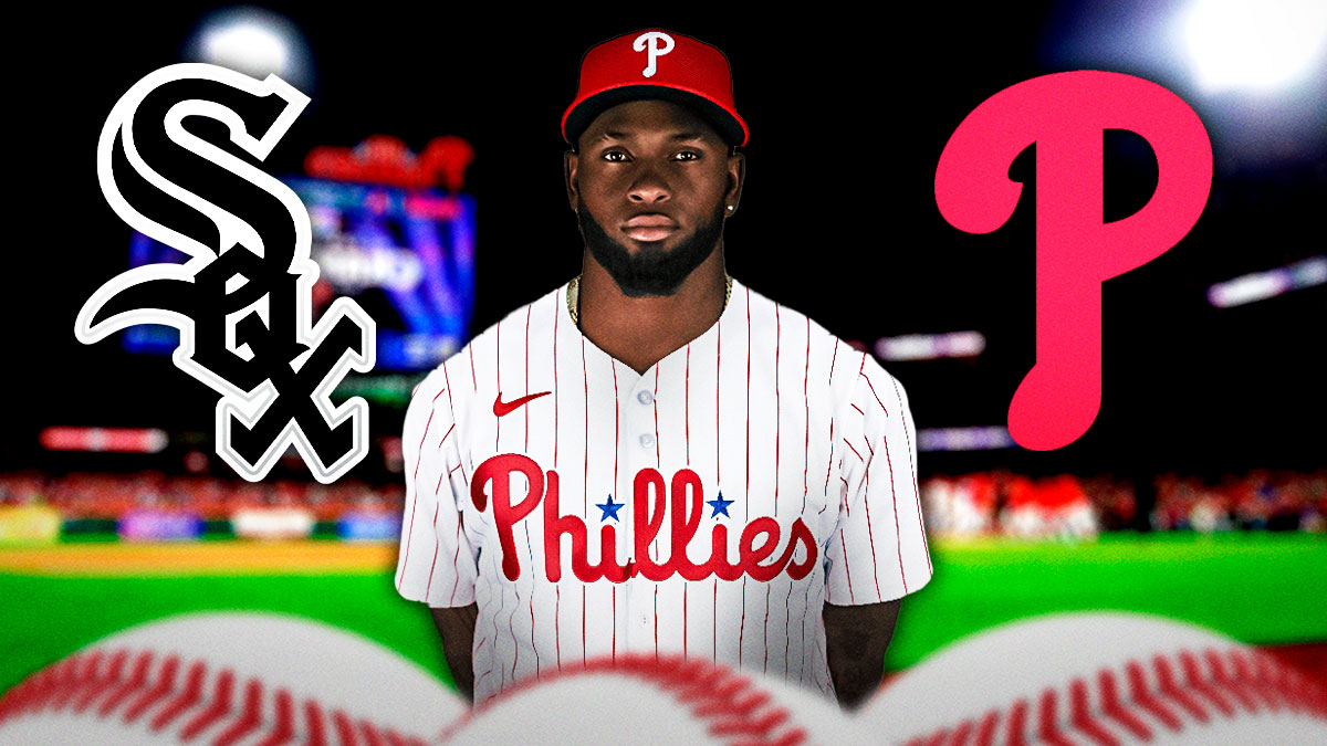 Luis Robert in Phillies jersey (number 88). Phillies and White Sox logos on graphic.