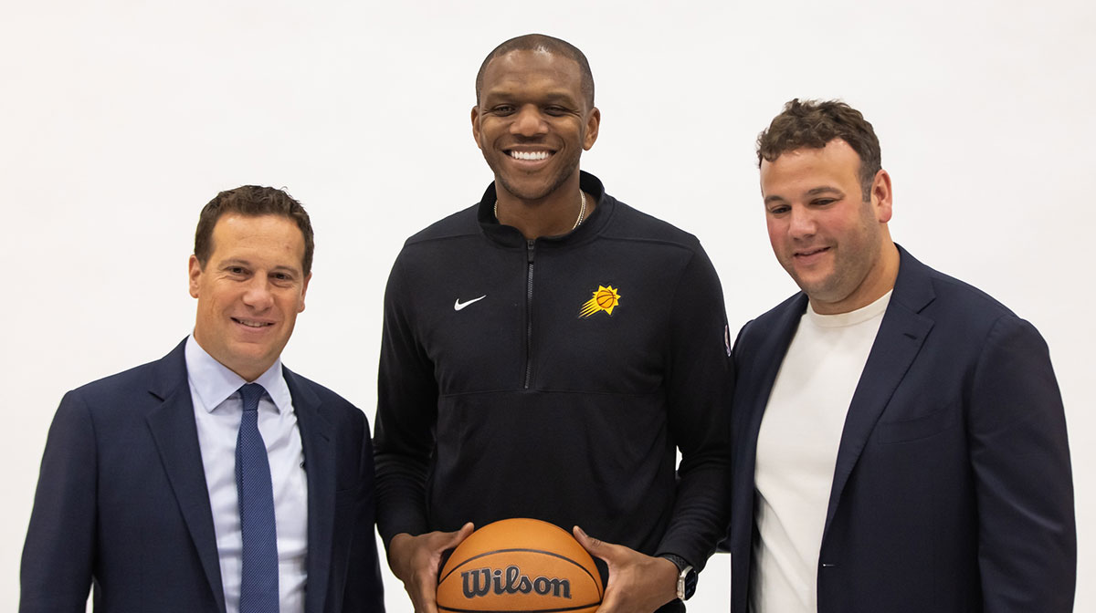 Phoenix Suns owner Mat Ishbia (left), general manager James Jones (center) and CEO Josh Bartelstein poses for a portrait during media day at Footprint Center.