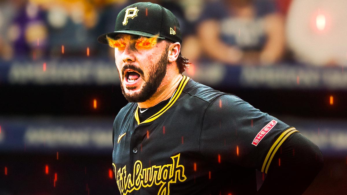Paul Skenes with fire emojis over his eyes.