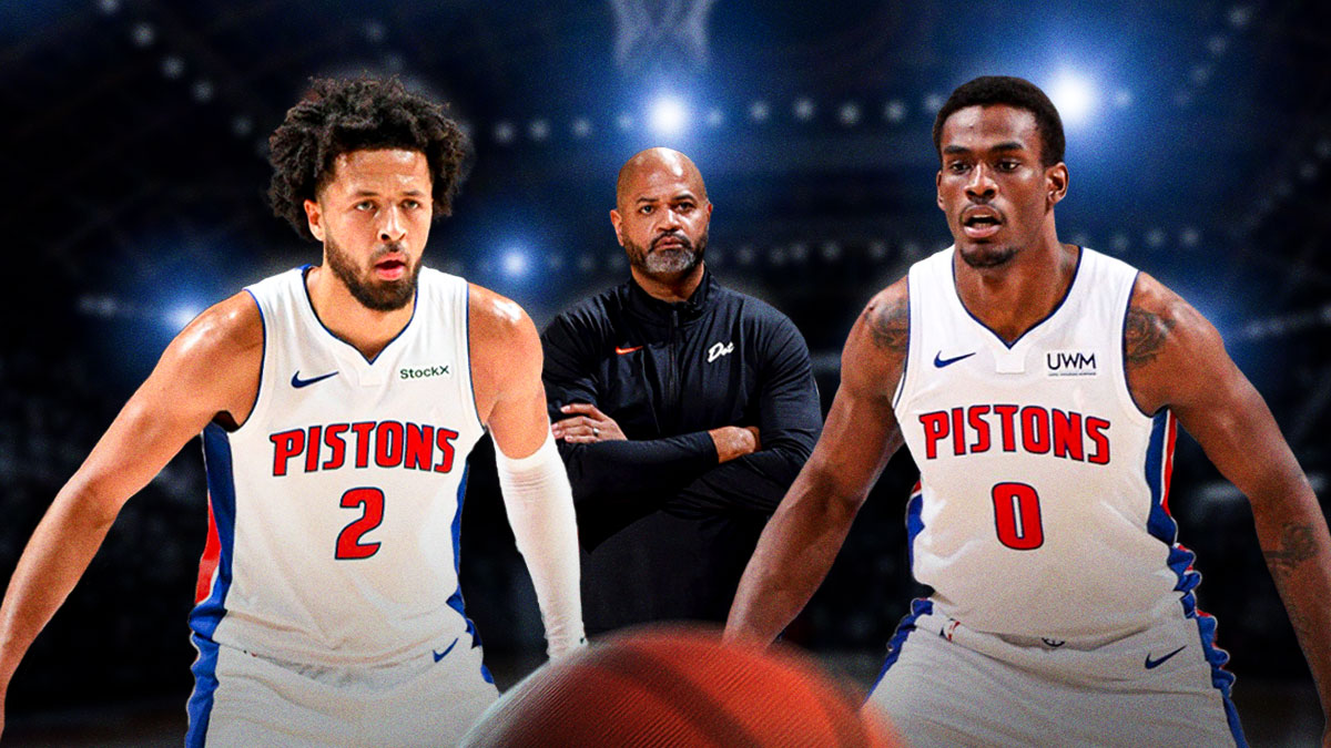 Cade Cunningham, JB Bickerstaff, Jalen Duren on basketball court