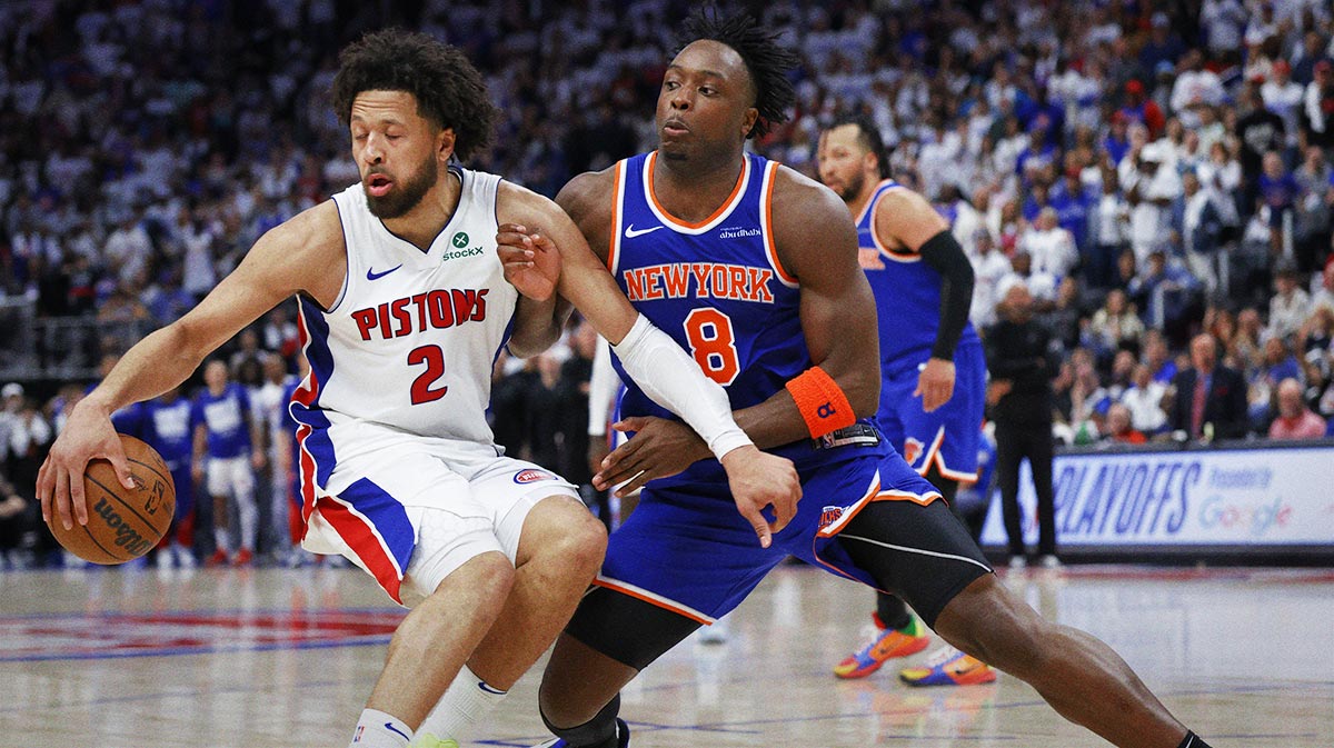 Detroit Pistons guard Cade Cunningham (2) is defended by New York Knicks forward OG Anunoby (8) in the second half during game three of first round for the 2024 NBA Playoffs at Little Caesars Arena.