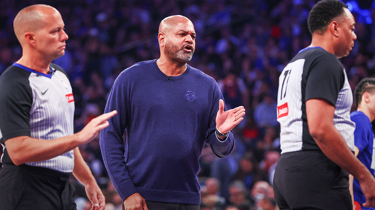 Detroit Pistons head coach J.B. Bickerstaff argues with the officials in Game One of the First Round of the NBA Playoffs against the New York Knicks at Madison Square Garden.