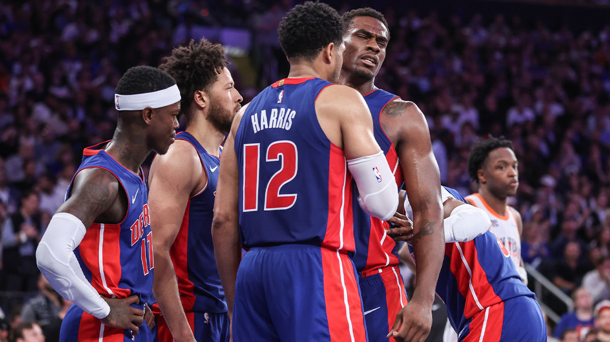 Detroit Pistons center Jalen Duren (0) is helped up by forward Tobias Harris (12) in the fourth quarter against the New York Knicks during game five of first round for the 2025 NBA Playoffs at Madison Square Garden.