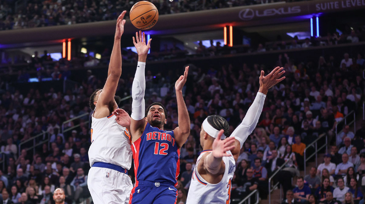 Detroit Pistons forward Tobias Harris (12) looks to drive past New York Knicks center Karl-Anthony Towns (32) and guard Josh Hart (3) in Game One of the First Round of the NBA Playoffs at Madison Square Garden. Mandatory Credit: Wendell Cruz-Imagn Images