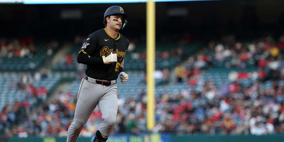 Pittsburgh Pirates first baseman Matt Gorski (62) runs around bases after hitting a home run during the first inning against the Los Angeles Angels at Angel Stadium. Gorski hits his first MLB home run in the first MLB at bat.