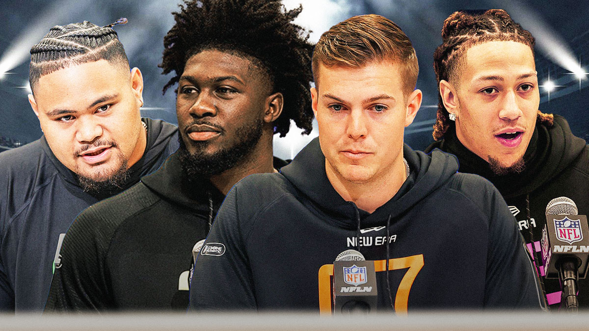 Jalon Walker, Jonah Savaiinaea, Will Howard, Billy Bowman Jr all beside each other, Pittsburgh Steelers wallpaper in the background