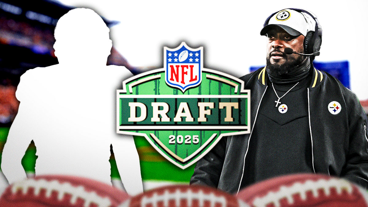 Mike Tomlin on one side, the 2025 NFL Draft logo in the middle, a silhouette of a football cornerback on the other side