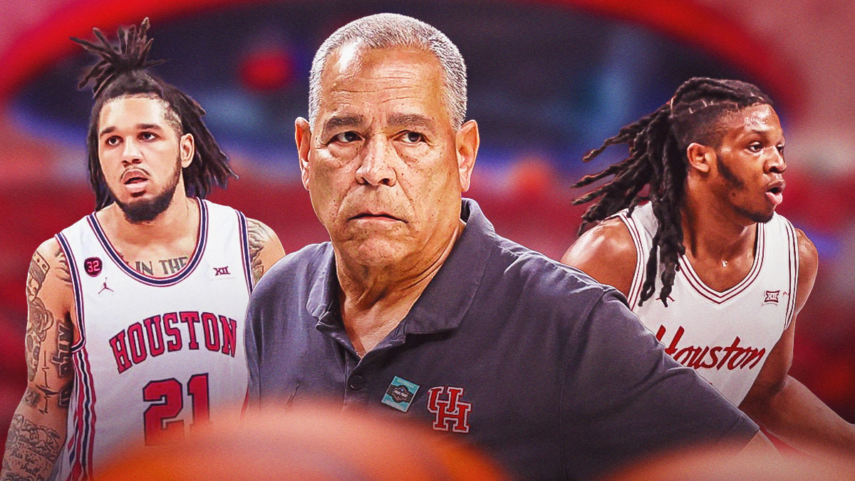 Houston basketball coach Kelvin Sampson with Emanuel Sharp on one side and Joseph Tugler on the other
