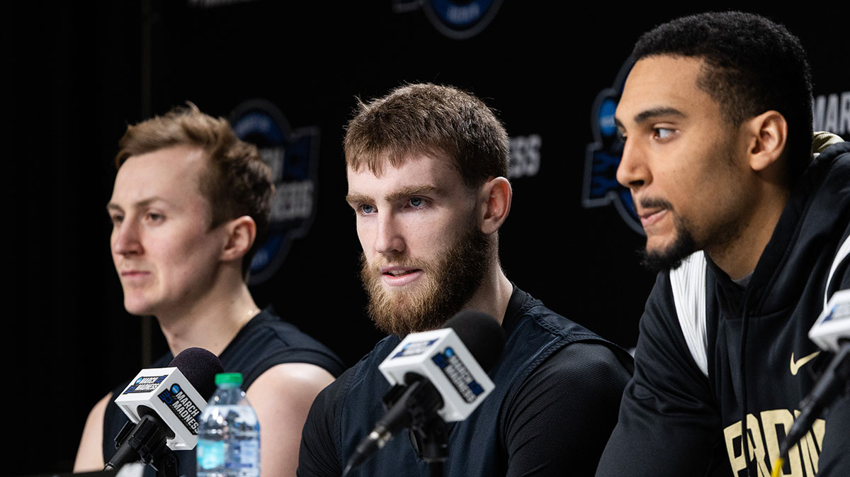 Purdue Boilermakers guard Braden Smith (3) talks to the media during practice day at Lucas Oil Stadium.