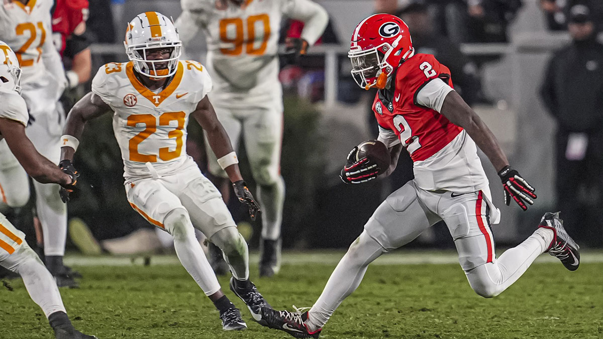 Georgia Bulldogs wide receiver Nitro Tuggle (2) runs after a catch against the Tennessee Volunteers during the second half at Sanford Stadium.