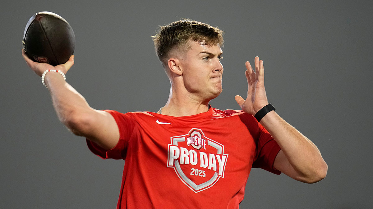 Ohio State Buckeyes quarterback Will Howard throws during the pro day for NFL scouts