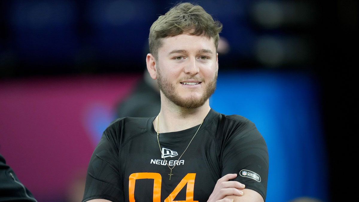Texas quarterback Quinn Ewers (QB04) during the 2025 NFL Combine at Lucas Oil Stadium.