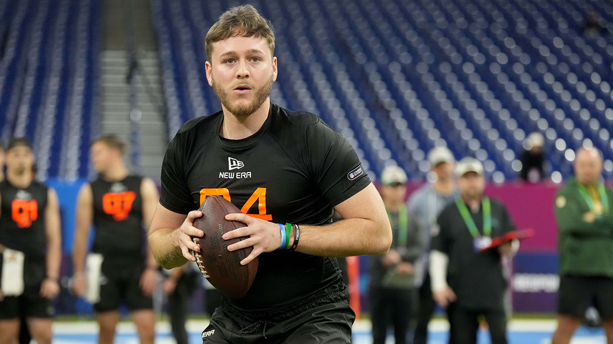 Texas quarterback Quinn Ewers (QB04) during the 2025 NFL Combine at Lucas Oil Stadium.